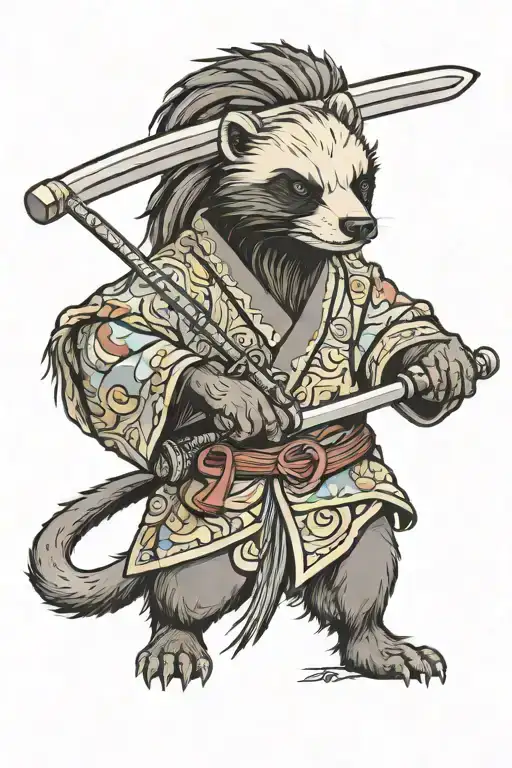 furry honey badger with dreadlocks in kimono holding katana tattoo design idea