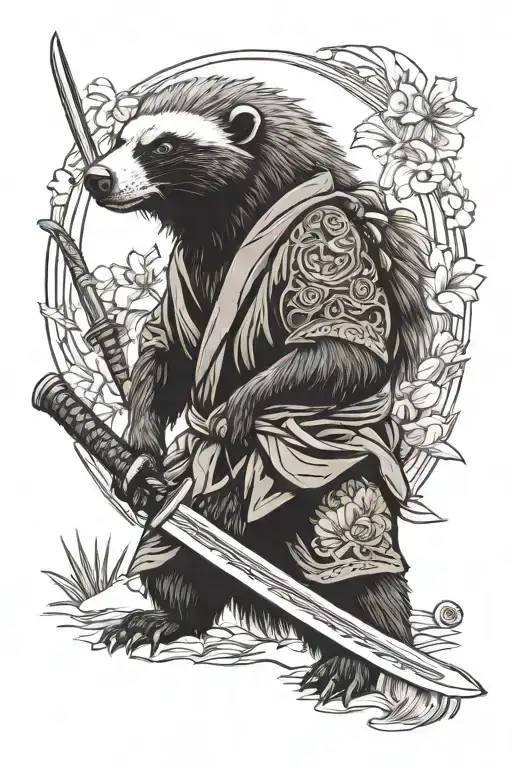 furry honey badger with dreadlocks in kimono holding katana tattoo design idea