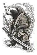 furry honey badger with dreadlocks in kimono holding katana tattoo design idea