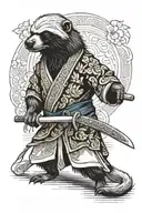 furry honey badger with dreadlocks in kimono holding katana tattoo design idea