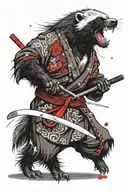 furry honey badger with dreadlocks in kimono holding katana tattoo design idea