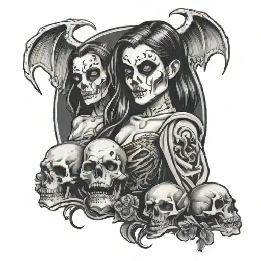 Misfits vampire girl skulls ghosts graveyard scene tattoo design idea