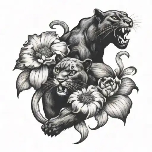 A black and grey tattoo of 2 black panthers fighting with large flowers tattoo design idea