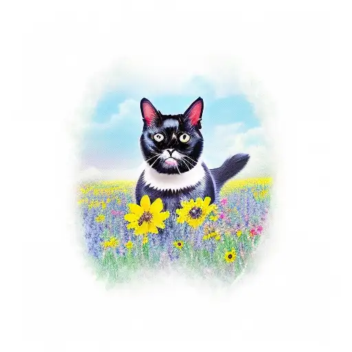 british black cat in flower field tattoo design idea