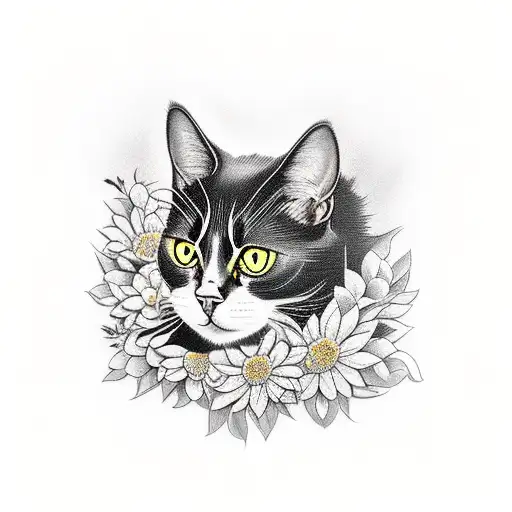 british black cat in flower field tattoo design idea