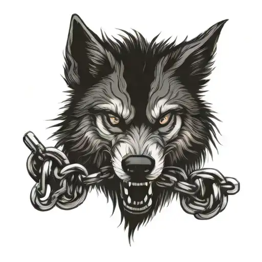 An evil and angry Fenrir wolf wrapped in chains with baseball stitches incorporated into the design tattoo design idea