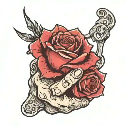 Stone hands clenched in a fist with an undamaged rose inside tattoo design idea