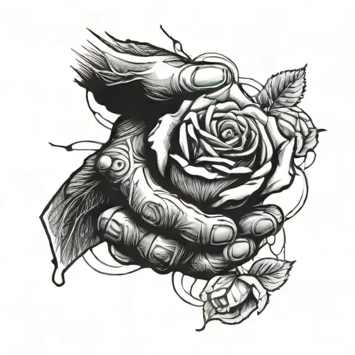 Stone hands clenched in a fist with an undamaged rose inside tattoo design idea