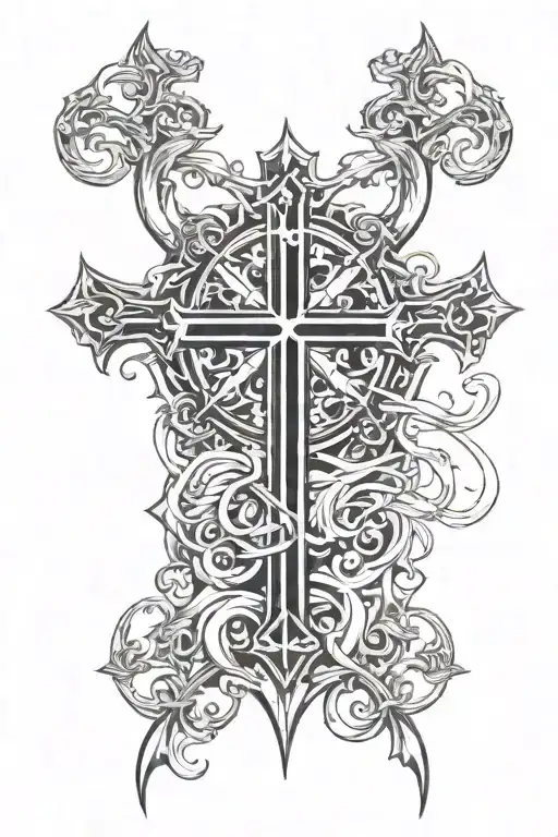 cross and pitchfork mideval tattoo design idea