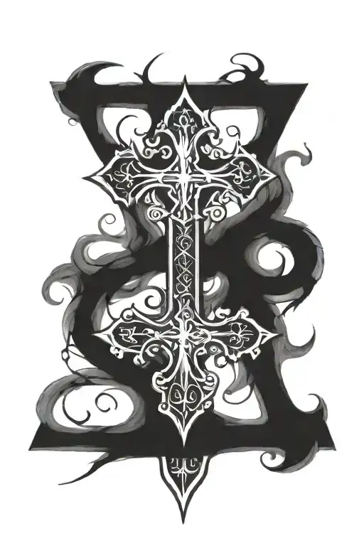 cross and pitchfork mideval tattoo design idea