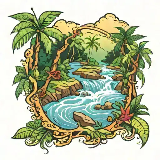 guyana rainforest creek running tattoo design idea