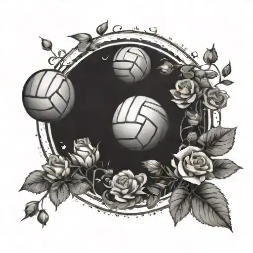 A volleyball flying through a field of roses with intricate patterns on its surface, symbolizing passion for the sport and beauty tattoo design idea