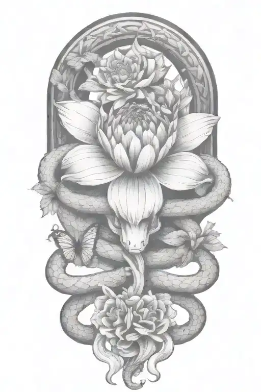 snake intertwined, chrysanthamums, gemini sign intertwined, butterfly, books  tattoo design idea