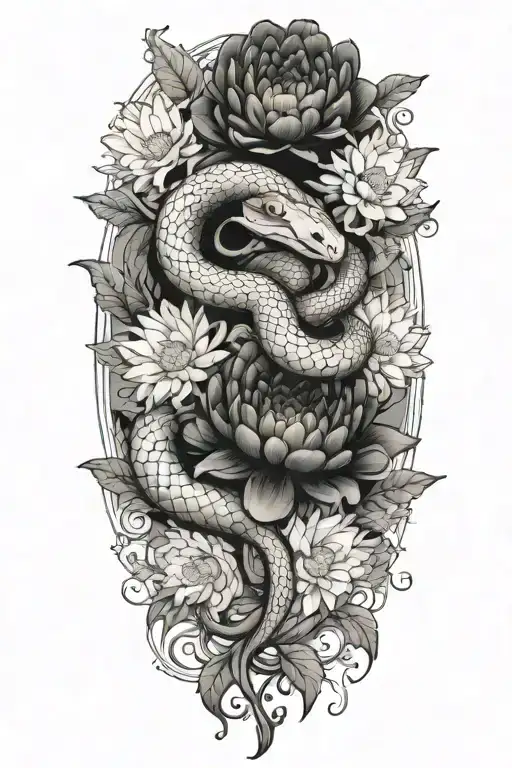 Combine a snake wrapped around a chrysanthemum flower with the Gemini zodiac sign subtly incorporated tattoo design idea