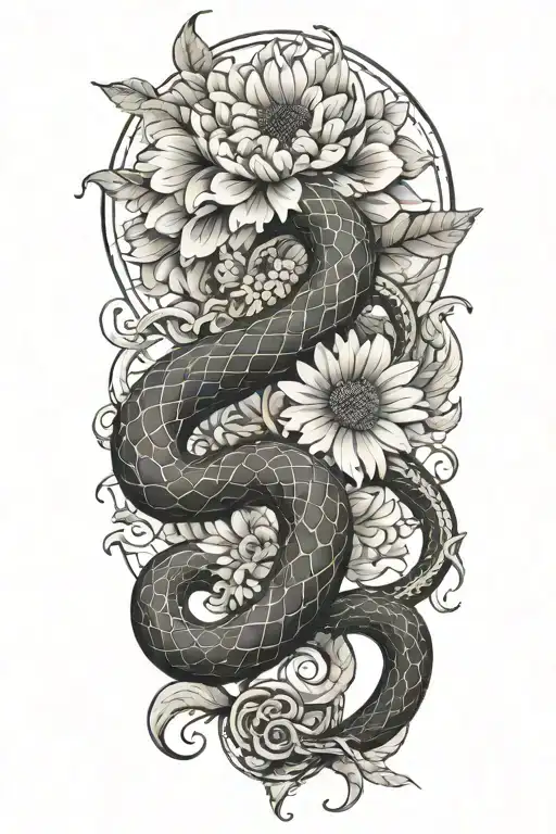 Combine a snake wrapped around a chrysanthemum flower with the Gemini zodiac sign subtly incorporated tattoo design idea