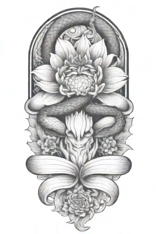 snake intertwined, chrysanthamums, gemini sign   tattoo design idea