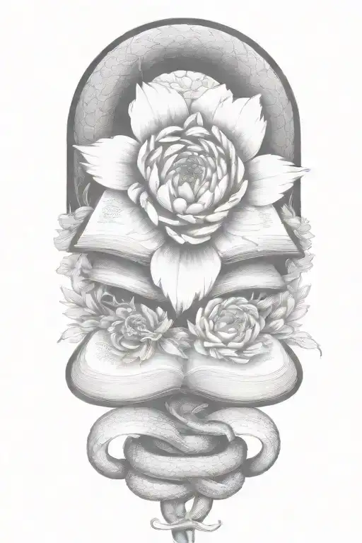 snake intertwined, chrysanthamums, gemini sign intertwined, butterfly, books  tattoo design idea