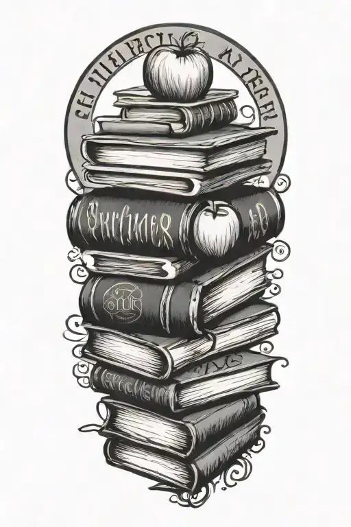 A teacher's desk with a stack of books and an apple, surrounded by motivational quotes like Phillippians 4:6 tattoo design idea