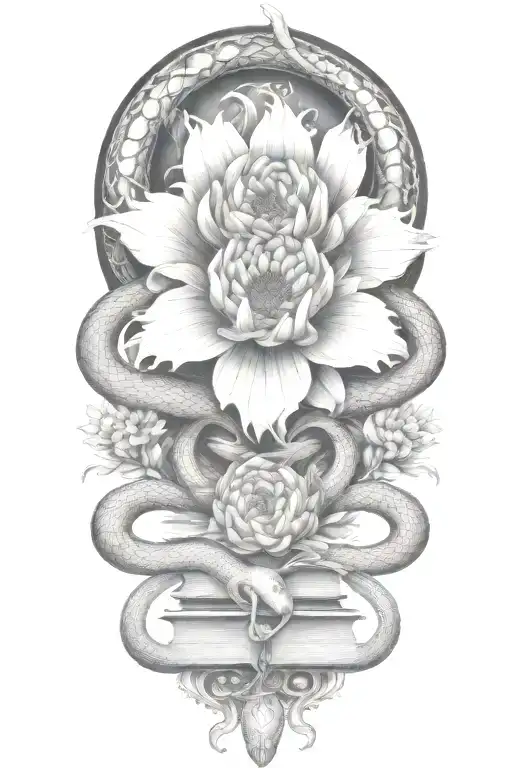 snake intertwined, chrysanthamums, gemini sign intertwined, butterfly, books  tattoo design idea
