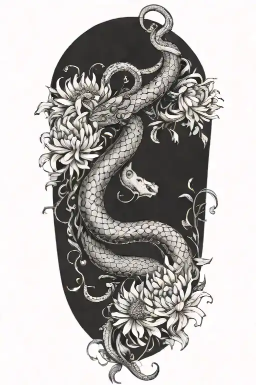 Combine a snake  wrapped around a chrysanthemum flower with the Gemini zodiac sign subtly incorporated tattoo design idea