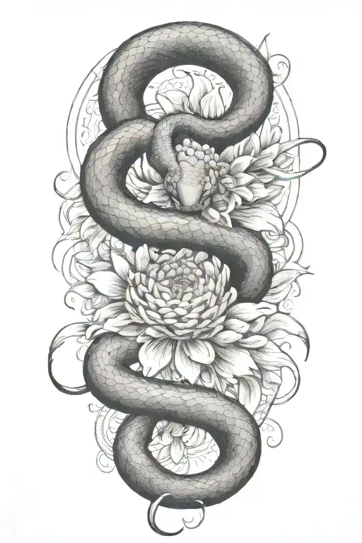 Combine a snake  wrapped around a chrysanthemum flower with the Gemini zodiac sign subtly incorporated tattoo design idea