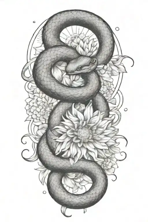 Combine a snake  wrapped around a chrysanthemum flower with the Gemini zodiac sign subtly incorporated tattoo design idea
