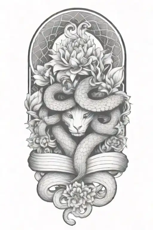 snake intertwined, chrysanthamums, gemini sign intertwined tattoo design idea