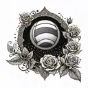 A volleyball flying through a field of roses with intricate patterns on its surface, symbolizing passion for the sport and beauty tattoo design idea