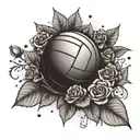 A volleyball flying through a field of roses with intricate patterns on its surface, symbolizing passion for the sport and beauty tattoo design idea