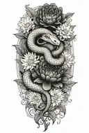 Combine a snake wrapped around a chrysanthemum flower with the Gemini zodiac sign subtly incorporated tattoo design idea