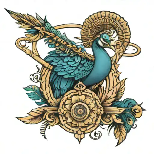 bow and arrow ram trishul flute with peacock feather tattoo design idea