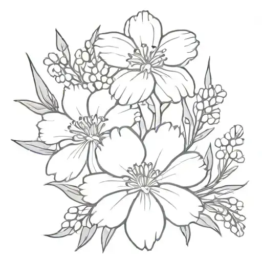 make a small detailed line work tattoo of a bouquet of marigolds, larkspur, lily of the valley and marigolds.   tattoo design idea