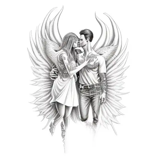 Male angel with female devil kissing tattoo design idea
