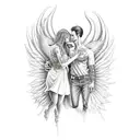 Male angel with female devil kissing tattoo design idea