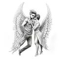 Male angel with female devil kissing tattoo design idea