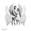 Male angel with female devil kissing tattoo design idea