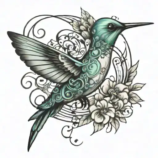 Tattoo design: A whimsical hummingbird created from delicate treble clefs and musical notes, its wings fluttering to the tattoo design idea