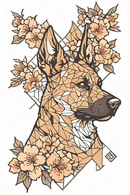 Japanese cherry blossom and belgian malinois  and geometry  tattoo design idea