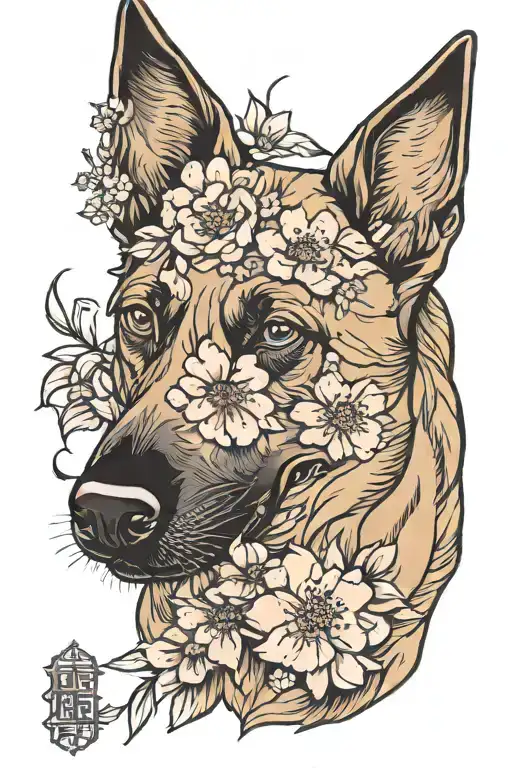 Japanese cherry blossom and belgian malinois head surrounded tattoo design idea