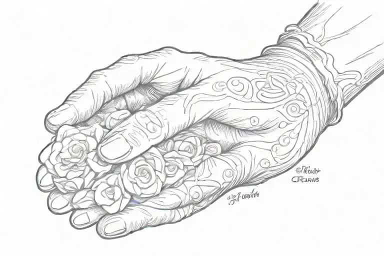 grandmother birth date and death date inscribed in praying hands tattoo design idea