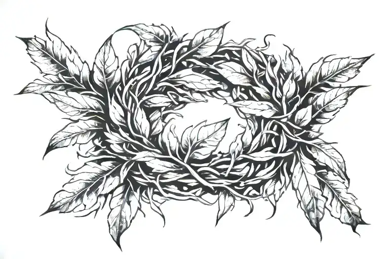 A laurel wreath, with one half made of thorns and the other one leaves. Great detail of overlapping, and transition. tattoo design idea