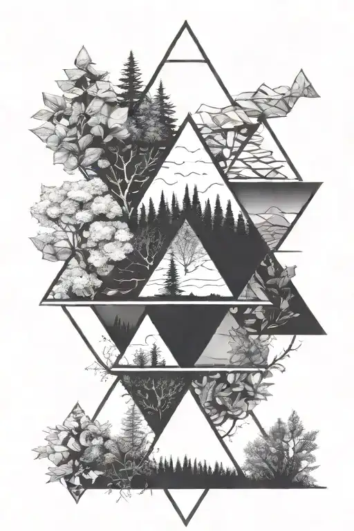 4 triangles. 2 facing upside 2 facing down. Filled with nature  tattoo design idea