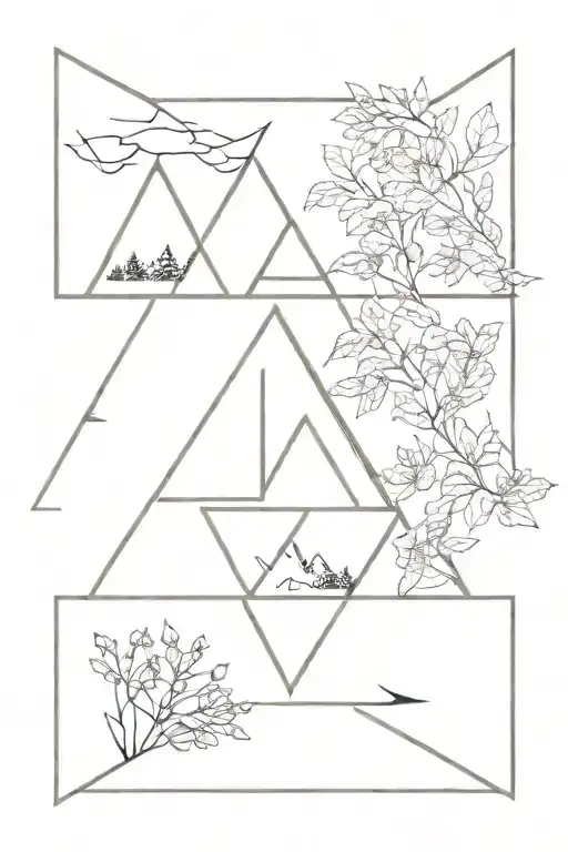 4 triangles in a row. 2 facing upside 2 facing down. Filled with nature  tattoo design idea