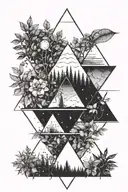 4 triangles. 2 facing upside 2 facing down. Filled with nature  tattoo design idea
