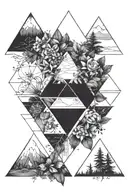 4 triangles. 2 facing upside 2 facing down. Filled with nature  tattoo design idea