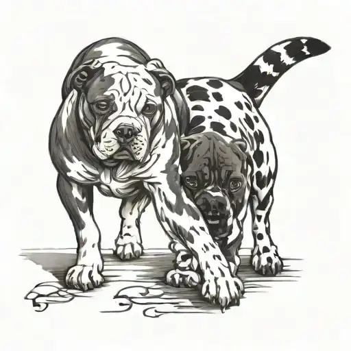 A three legged calico tabby cat that's pretty skinny next to a red nosed pit bull mixed with a blood hound and a bulldog tattoo design idea