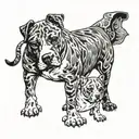 A three legged calico tabby cat that's pretty skinny next to a red nosed pit bull mixed with a blood hound and a bulldog tattoo design idea