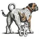 A three legged calico tabby cat that's pretty skinny next to a red nosed pit bull mixed with a blood hound and a bulldog tattoo design idea