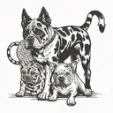 A three legged calico tabby cat that's pretty skinny next to a red nosed pit bull mixed with a blood hound and a bulldog tattoo design idea