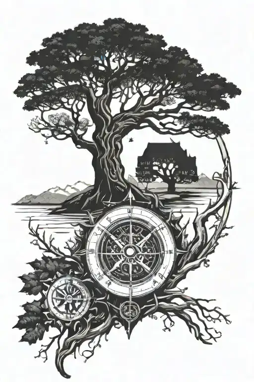 Nordic Yggdrasil tree vegvisir compass triquerta spine tattoo tattoo design idea